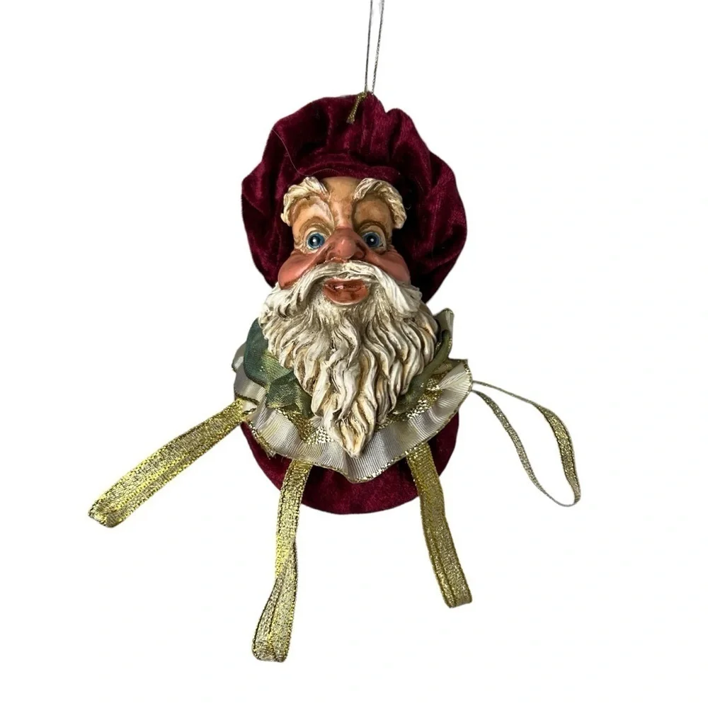 Santa Head Ornament Red Velvet Ceramic Jester? Baker? Big Eyes Gold Ribbon VTG